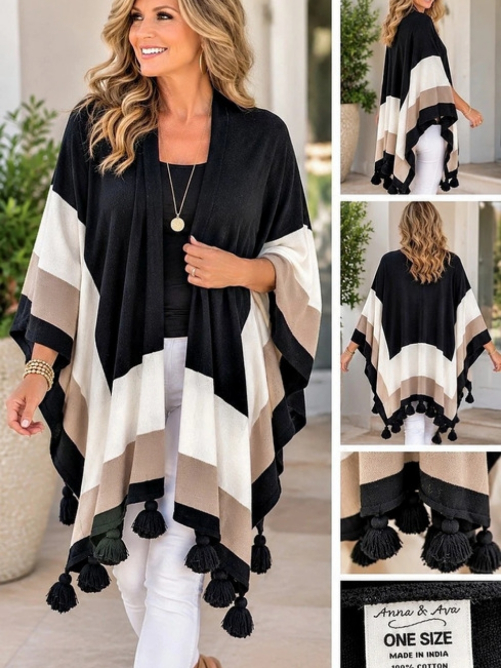 Anna & Ava Color Block Tassel Ruana in Black & White Like New